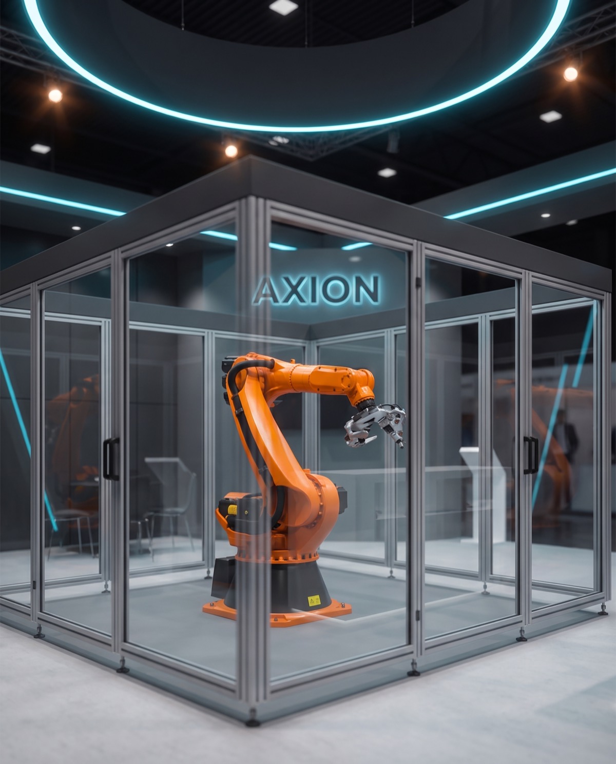 Close-up render of an orange industrial robot arm inside a glass demo cell with cyan accent lighting