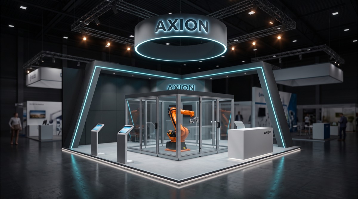 3D render of a graphite island stand for Axion Robotics with cyan light lines, a circular hanging sign and an orange robot arm in a glass demo cell