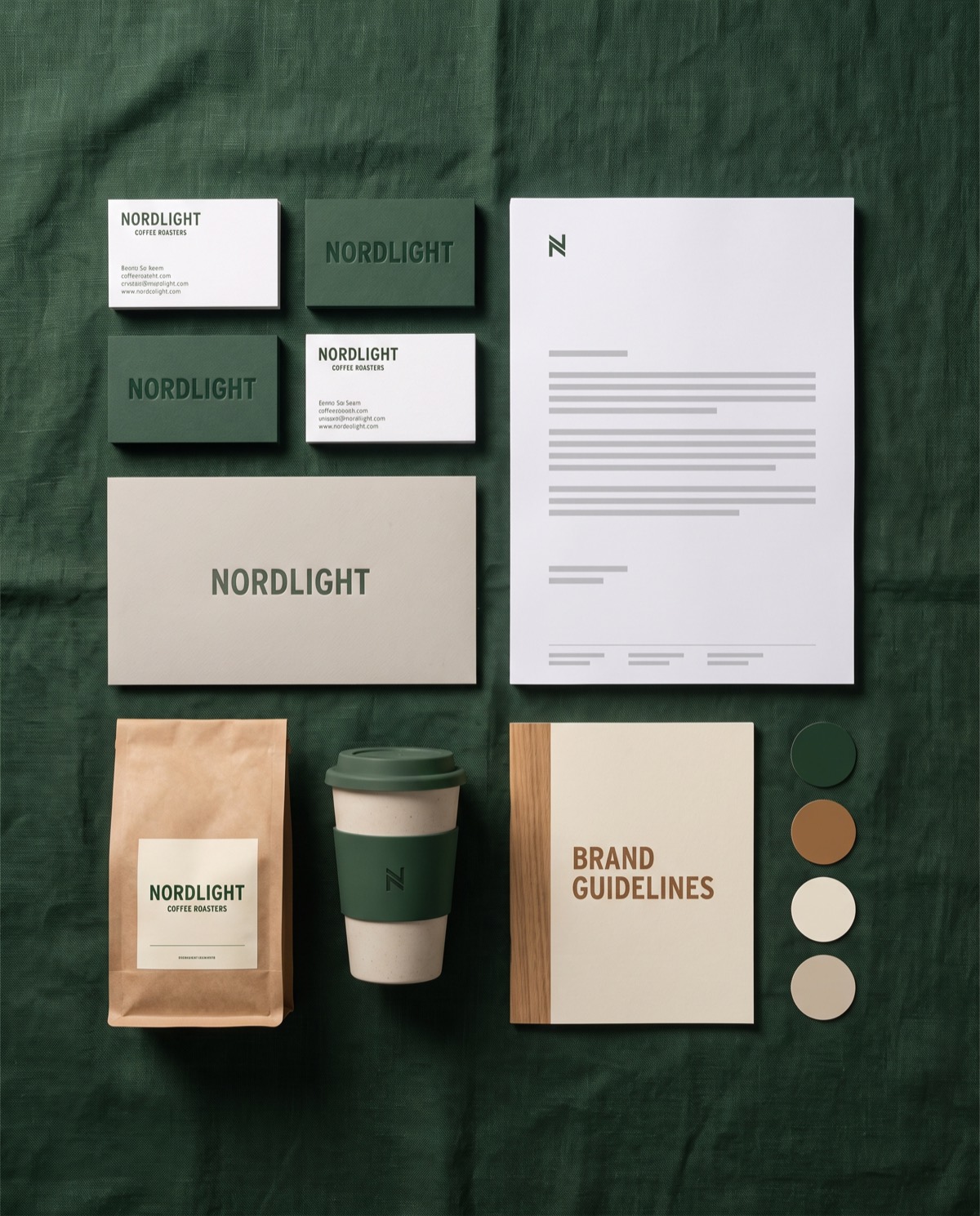 Flat lay of a coffee brand identity system: business cards, letterhead, coffee bag, cup and brand guidelines