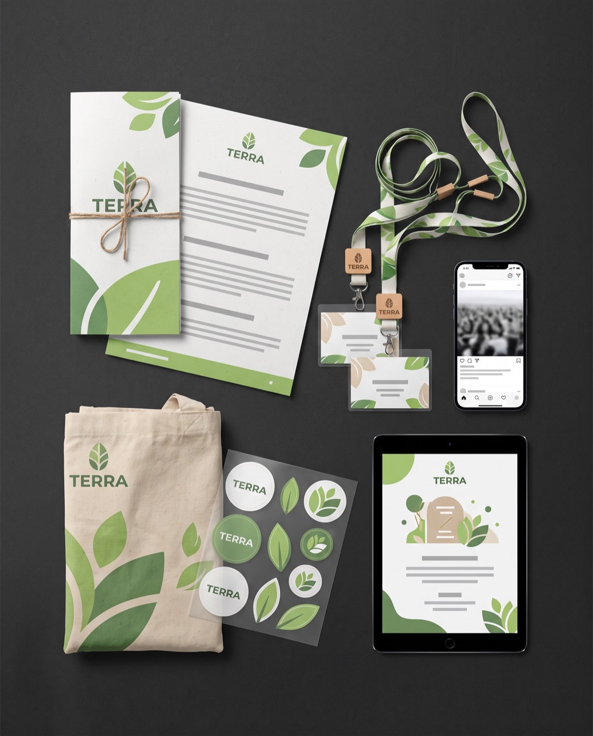 Flat lay of matching trade show collateral for a renewable energy brand: brochure, lanyards, badges, tote bag and screens