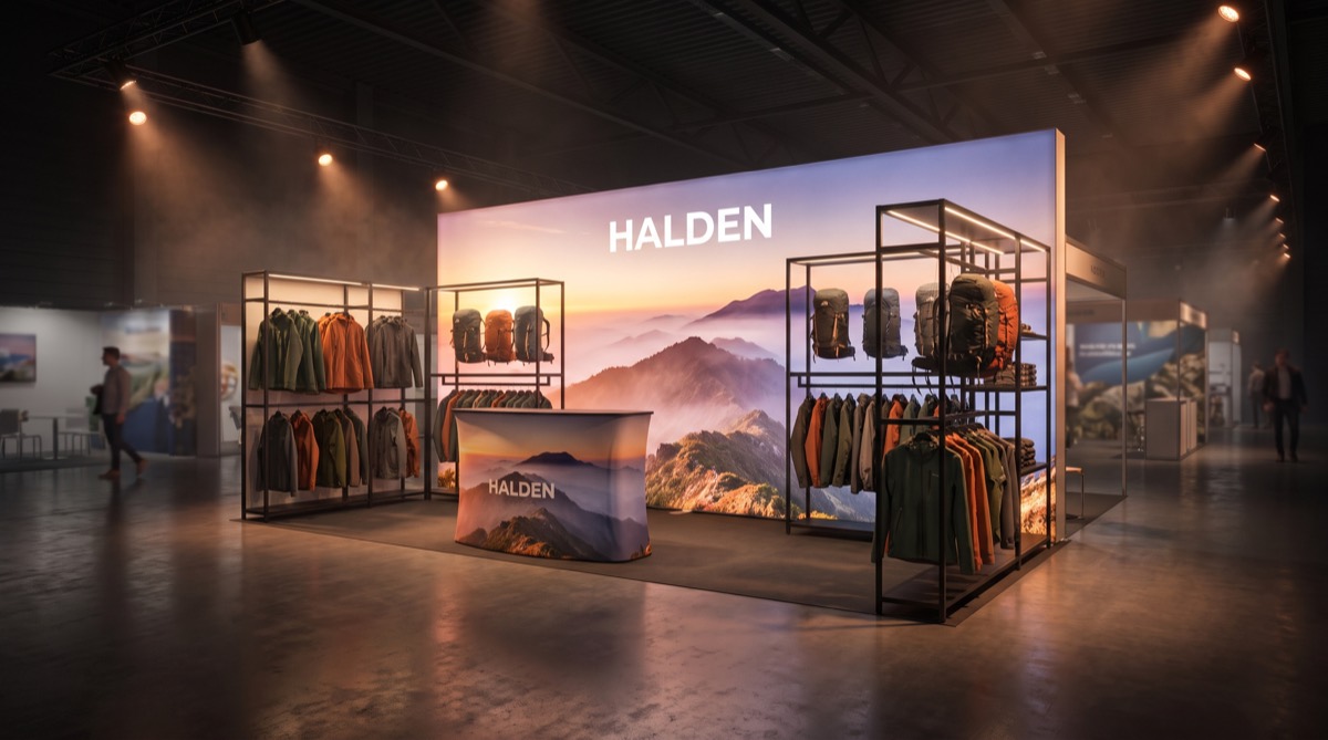 3D render of a 10×20 inline stand for Halden Outdoor with a giant backlit mountain fabric wall and shelving of jackets and backpacks