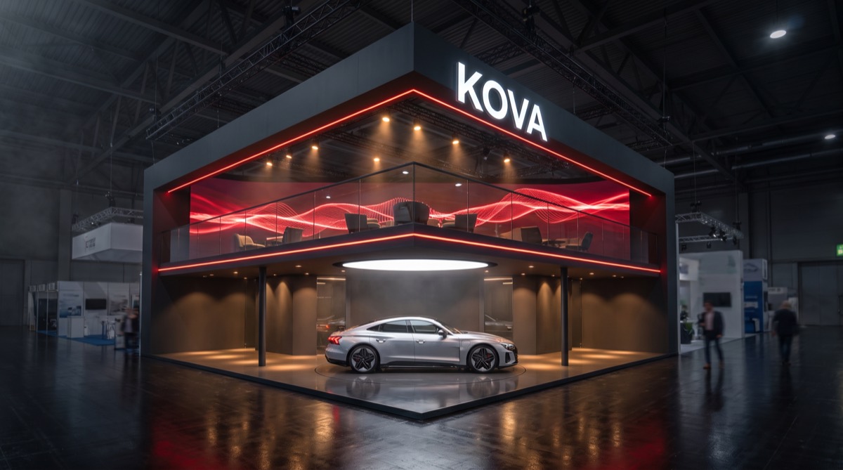 3D render of a two-storey exhibition stand for Kova Motors with a silver electric coupe on a turntable and a red LED wall