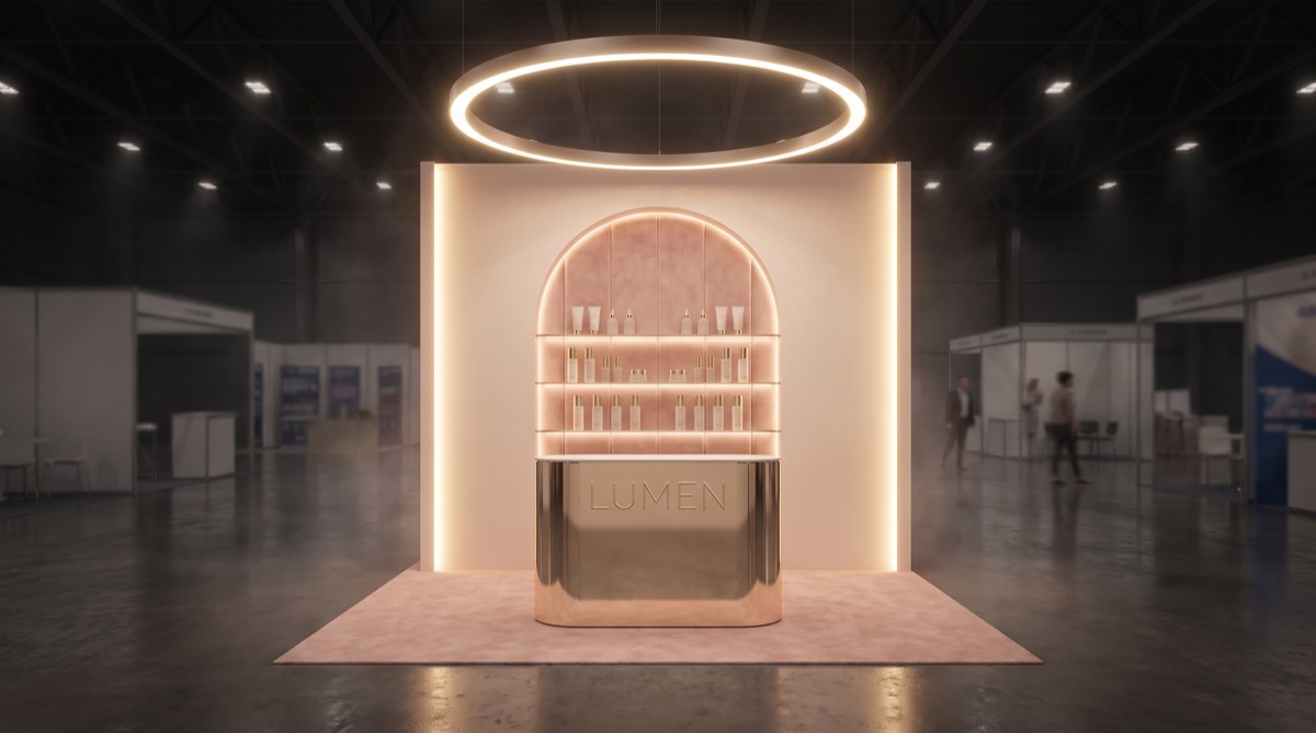 3D render of a 10×10 inline stand for Lumen Skincare with a blush-pink arched niche, gold mirrored counter and halo light