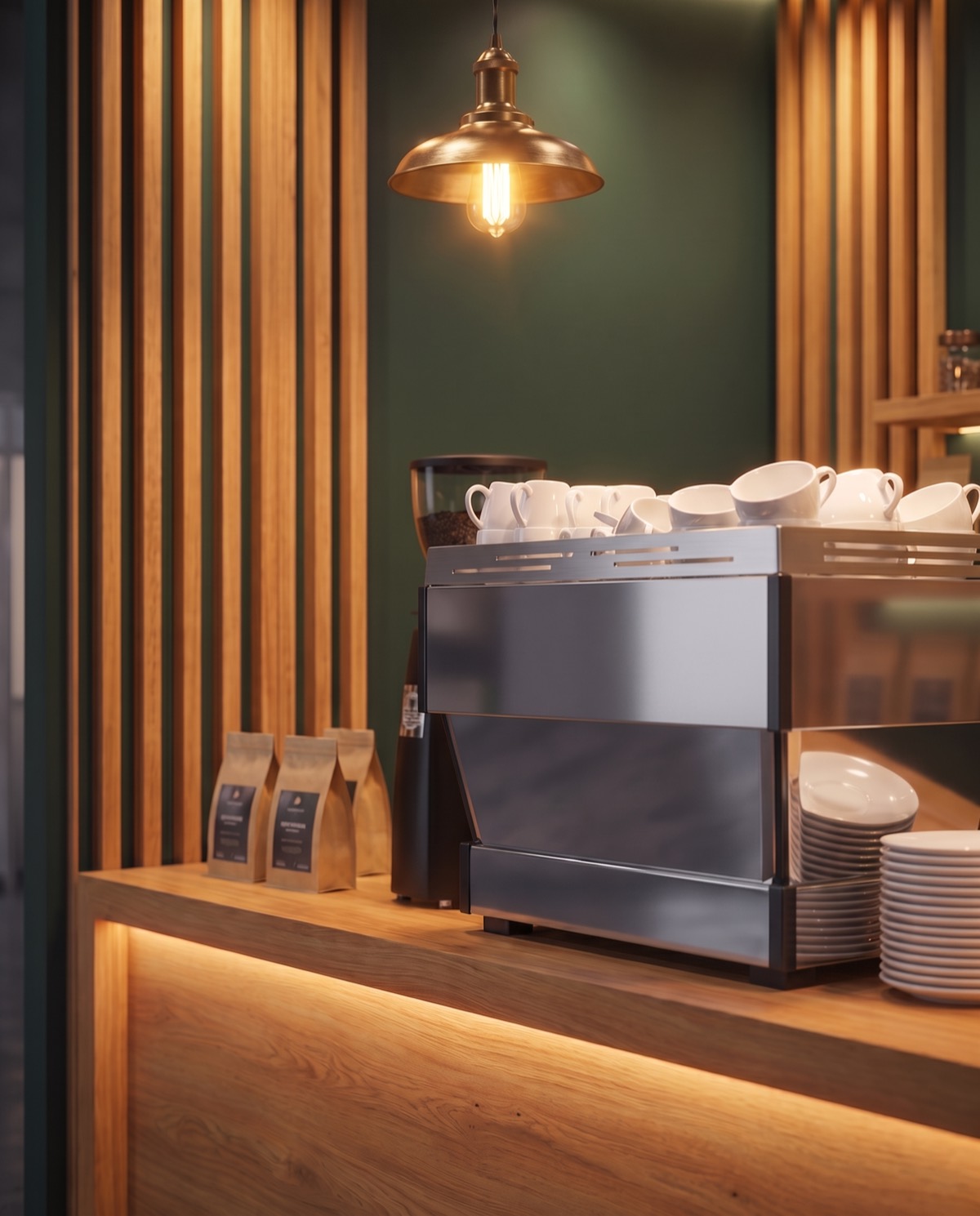 Close-up render of an espresso machine, white cups and coffee bags on an oak bar under a brass pendant light