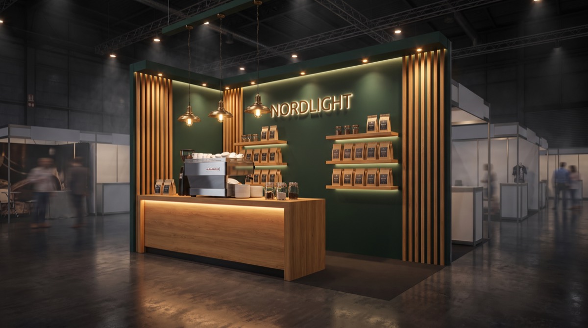 3D render of a 10×20 inline stand for Nordlight Coffee with a forest-green wall, oak slats, brass pendants and an espresso bar
