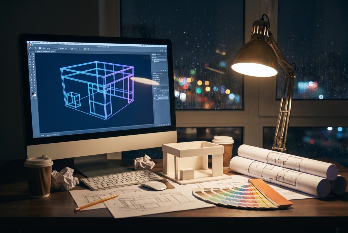 Exhibition design studio desk at night with a 3D booth wireframe on screen, a white foam model and floor-plan drawings