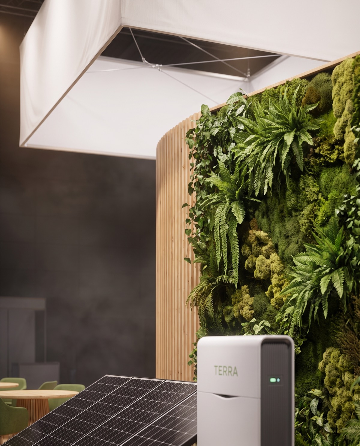 Close-up render of a living green wall and timber slats beside a white home battery unit and solar panel