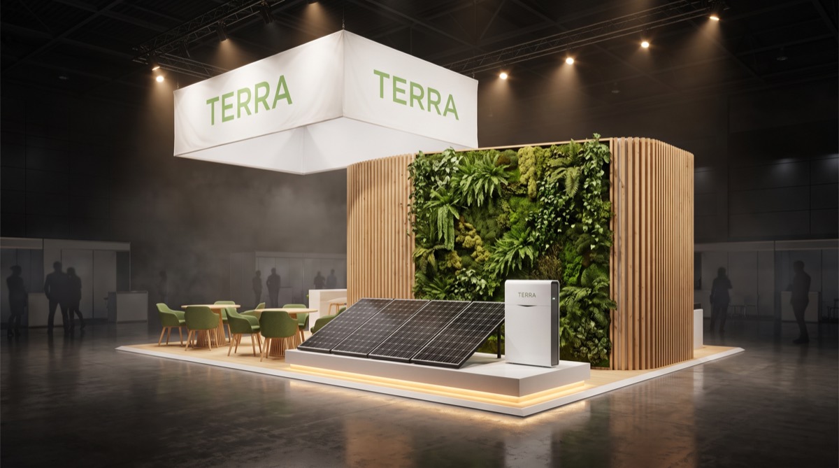 3D render of a peninsula stand for Terra Energy with a timber living wall, solar panels and a white hanging banner