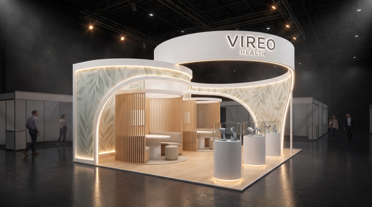 3D render of a white curved island stand for Vireo Health with backlit botanical panels, oak consultation pods and device plinths